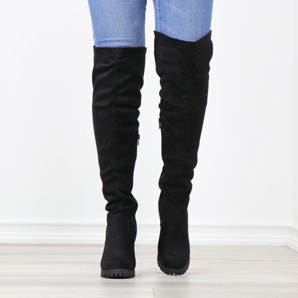 Full Lace-Up Back Black Faux Suede Thigh High Over The Knee Lug Block Heel Boots - Picture 12 of 14